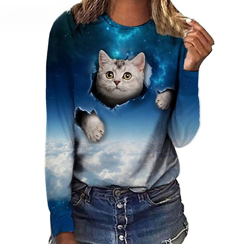 Women's Long Sleeved T-shirt Cat Case Digital 3D Printing Women's Street Sports T-shirt Top Cat T-Shirts