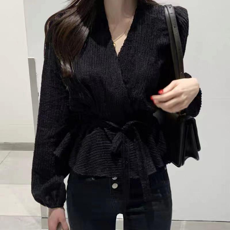 Chic Autumn/Winter Women's Waist-Gathering French Long Sleeve Shirt
