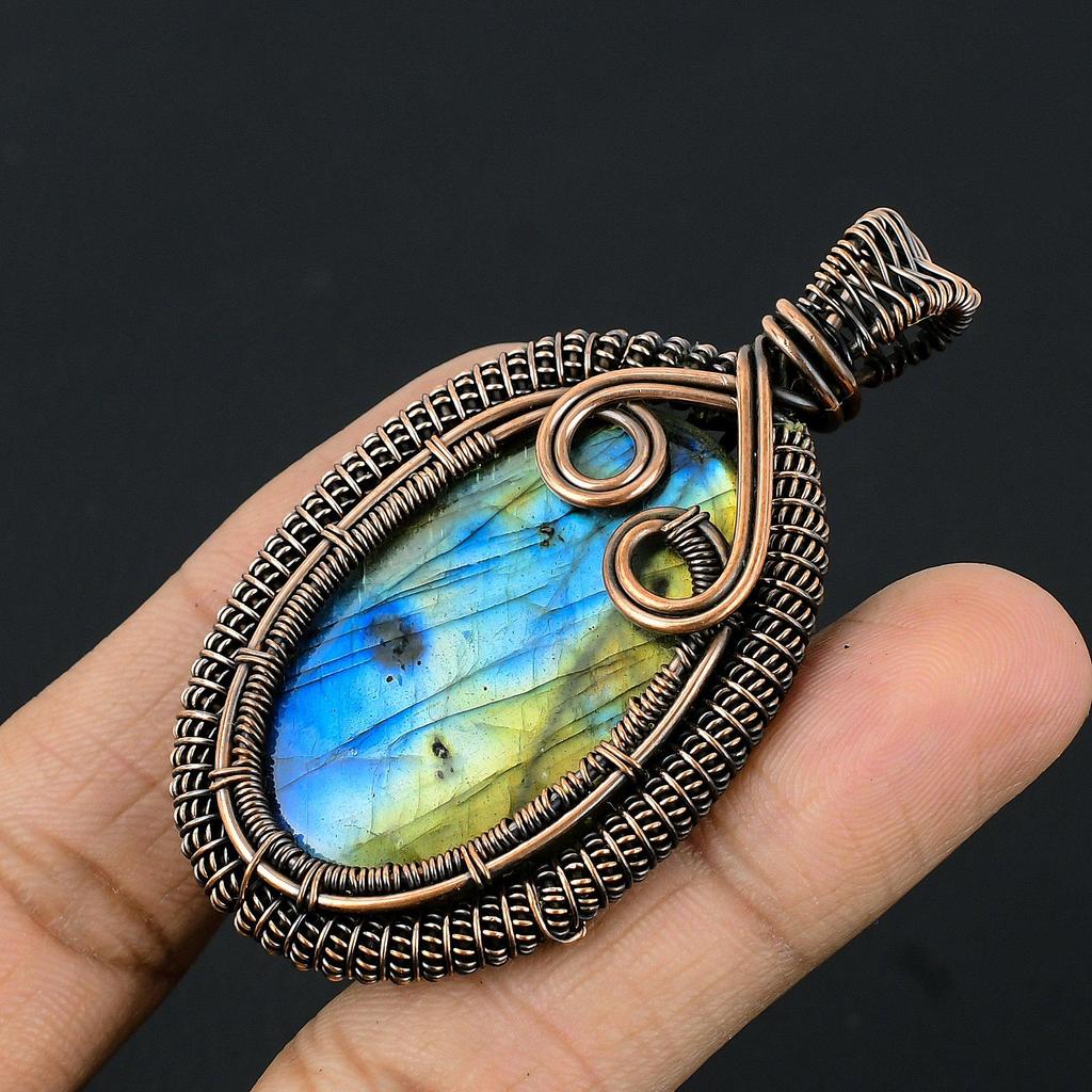 Labradorite Pendant, Handmade Gemstone 999 Copper Wire Wrapped Pendant Antique Jewelry, For Gift Silver Jewelry