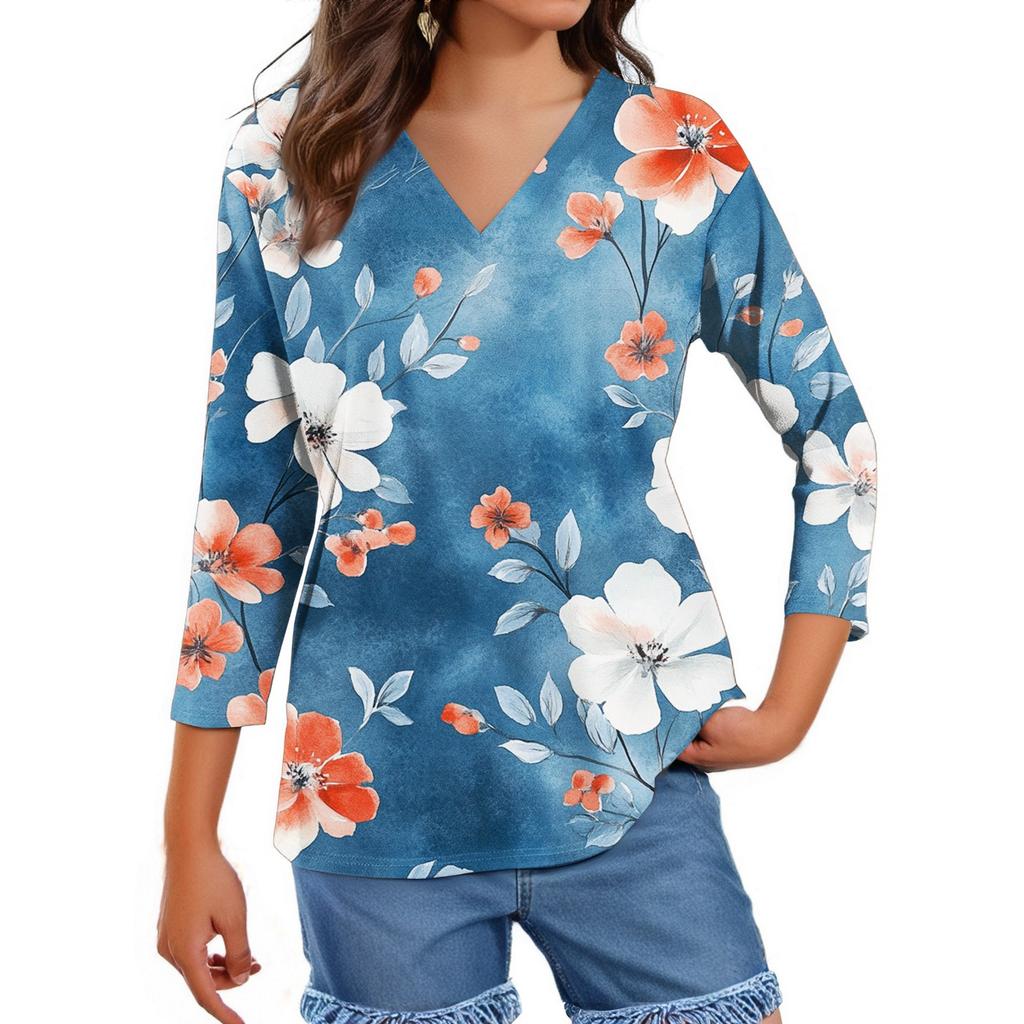 Women's Tops Three-quarter Sleeve Shirt V-neck Loose Casual Shirt Floral Printed T-shirt