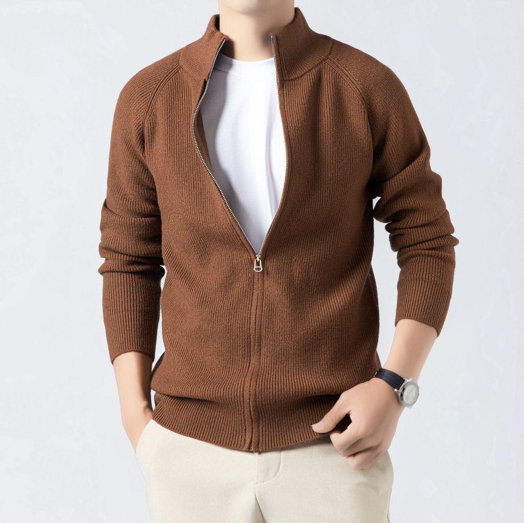 2025 Autumn/Winter Men's Stand-Up Collar Knitted Cardigan: Fashionable, Versatile Solid Color Sweater with Long Zipper.
