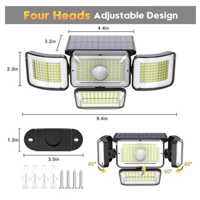 Solarleuchten für den Außenbereich, 288 LEDs, Solar-Sensor-Lampe, 4 Köpfe, verstellbare Bewegungssensor-Leuchten, 3 Modi