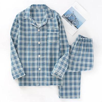 Spring and Autumn Mens Pajamas Long-sleeved Trousers Cotton Double Gauze Lattice Large Size Suit Home Service Men's Pajamas Suit