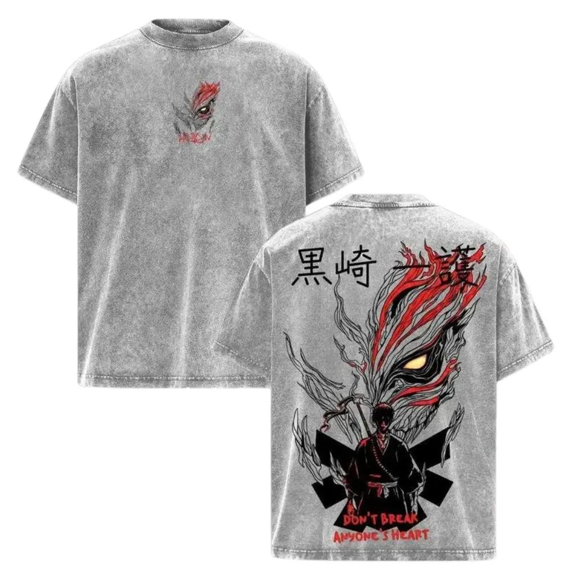 

Kurosaki Ichigo BLEACH Anime T-shirt Summer Short Sleeve Casual Pure Cotton Tees Tops Y2k Vintage Washed T Shirt Men s Clothing XXL сірий колір