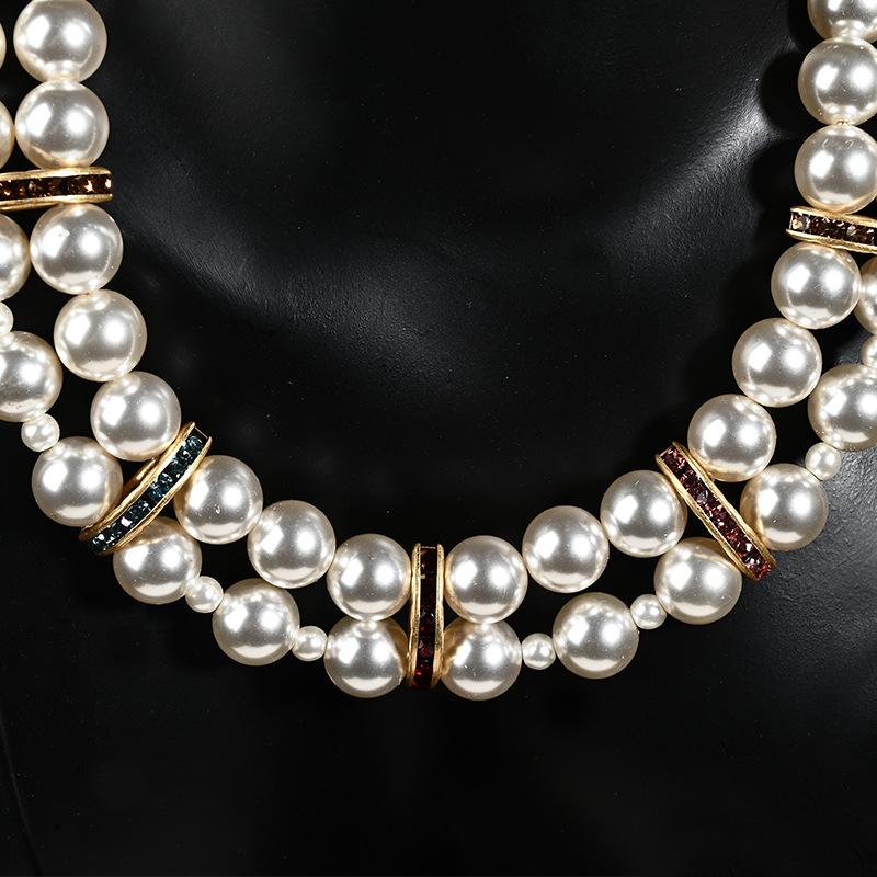 Vintage Multi-layer Diamond-encrusted Pearl Necklace, French Retro Light Luxury Sweater Chain, Elegant Woman