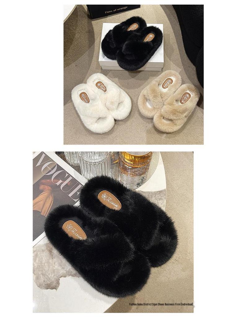 2025 Spring Women's Fuzzy Slippers: Thick Sole, 7cm Height Boost, Korean Style for Petite Women, Perfect for Autumn/Winter Wear.