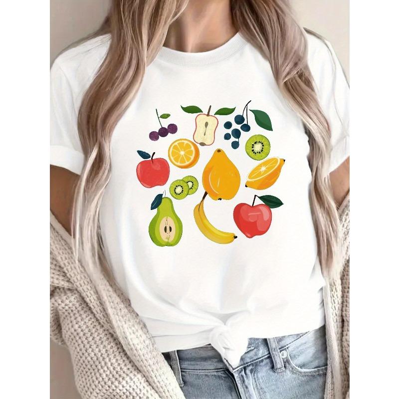

Fruits Print Crew Neck T-Shirt, Casual Short Sleeve T-Shirt For Spring & Summer, Women s Clothing L белый