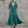 INCERUN Two Pieces Men V Neck Thin Sleeveless Vest and Pleated Shorts Clothing Sets