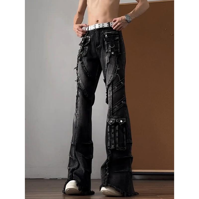 Jeans de herramientas multibolsillos con micro-tirador para hombre y mujer, estilo callejero, babes, lavado industrial pesado antiguo, pantalones de pierna ancha