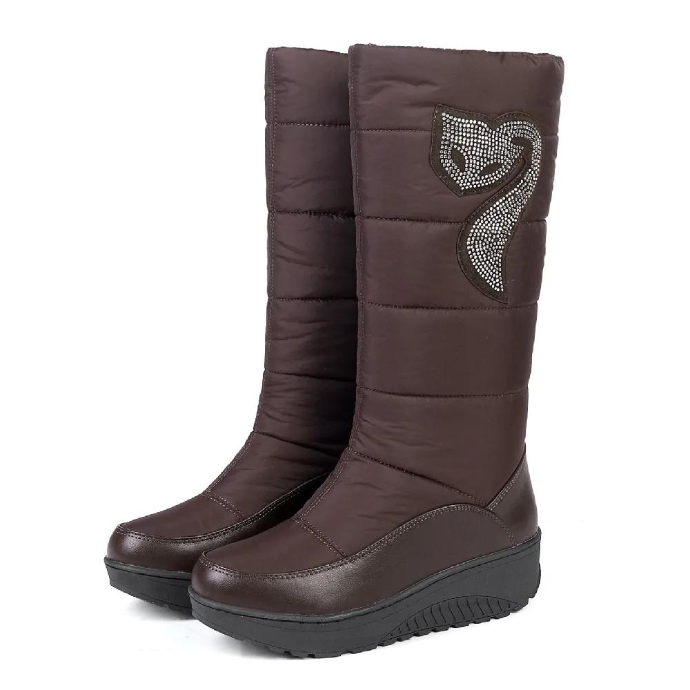 Winter Plush Women Mid-calf Snow Boots Waterproof Down High Wedge Platform Heels Round Toe Casual Lady Crystal Print Half Boots