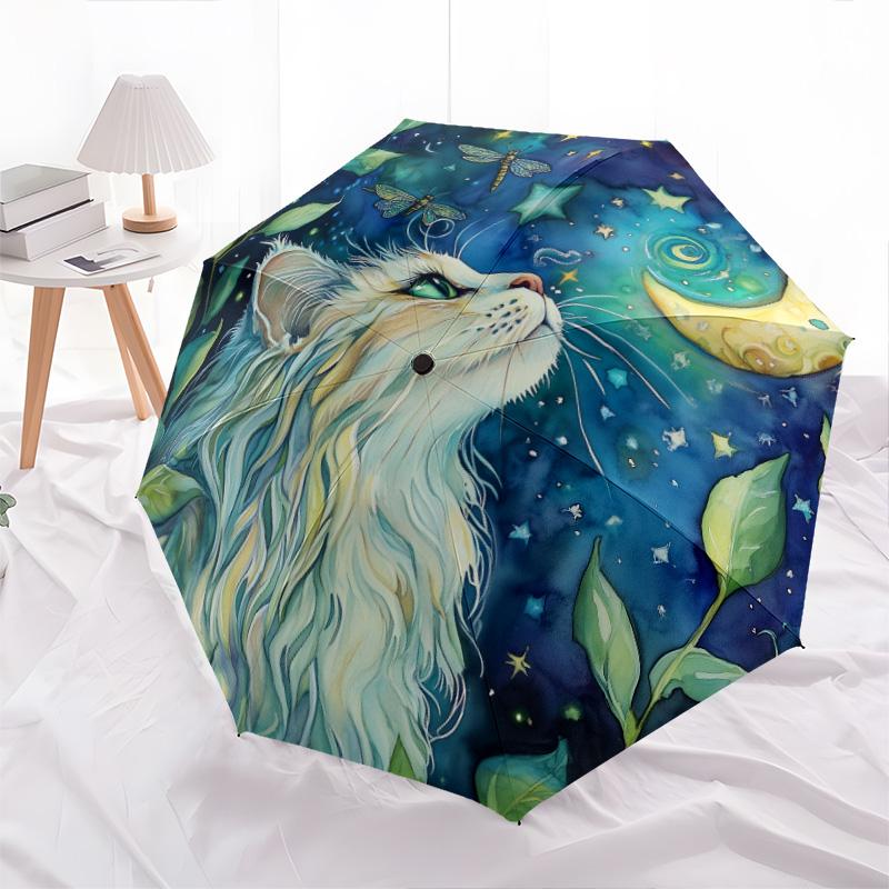 Plant Cat  pattern, automatic folding umbrella, portable and foldable design, 8 ribs, a Christmas or birthday gift.