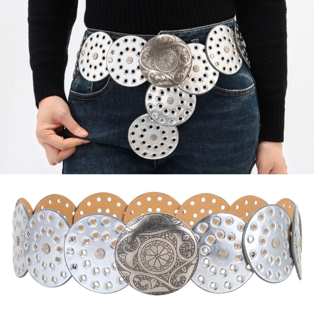 Western Style Disc Belt Y2K Wide Disc Belt Y2K Hollow Disc Belt Hollow Belt  for Women