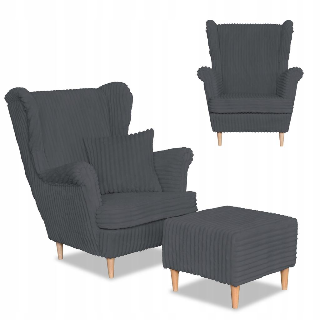 Fotel uszak Rene z podnóżkiem skandynawski Family Meble ciem. szary sztruks