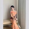 Design Sense Sunset Tie-dye Printed Swinging Neck Mesh Dress Feminine Temperament Slim Waist Skinny Holiday Long Skirt