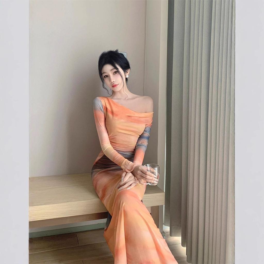 Design Sense Sunset Tie-dye Printed Swinging Neck Mesh Dress Feminine Temperament Slim Waist Skinny Holiday Long Skirt