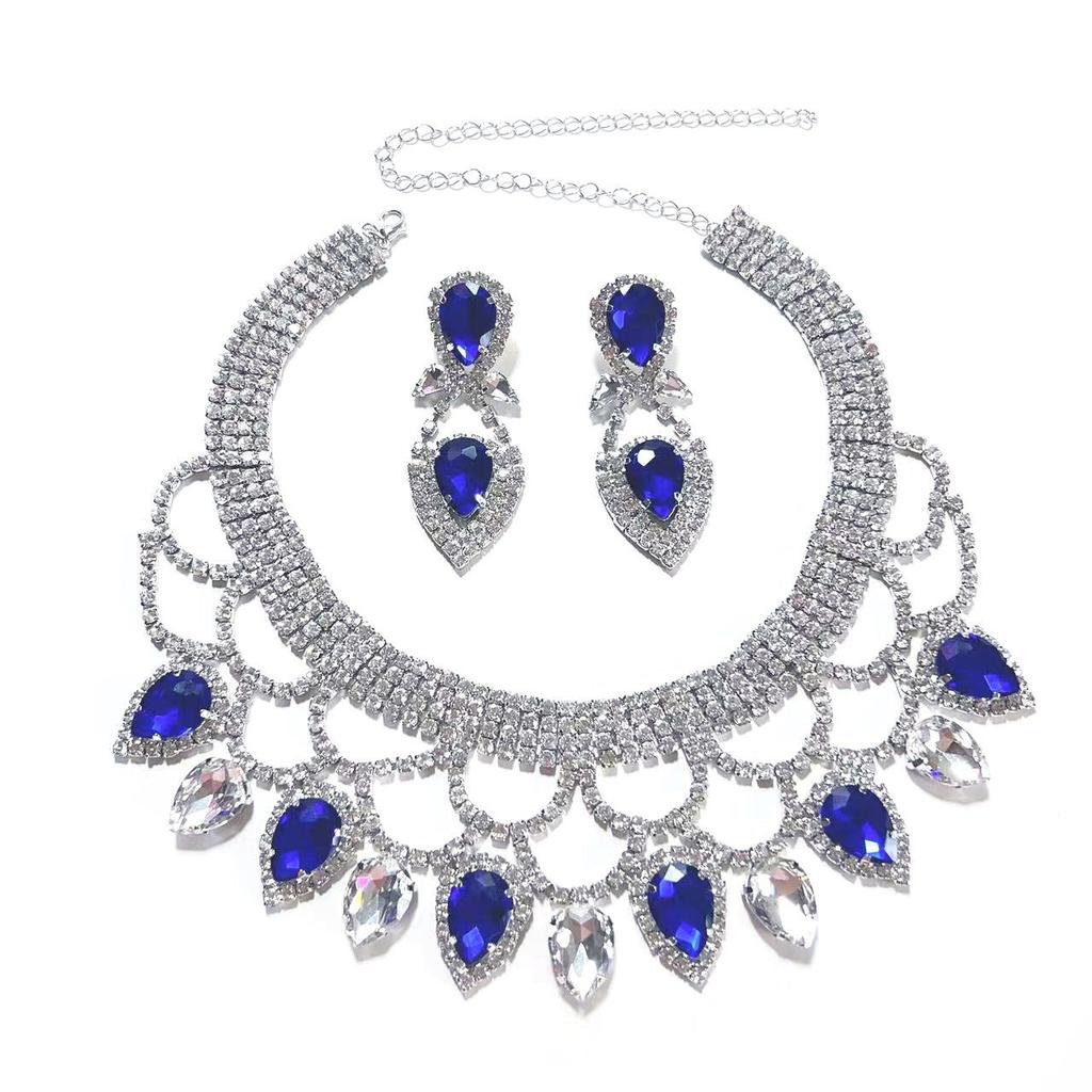 New Fashionable European and American Exaggerated Handmade Rhinestone Colored Crystal Necklace Earring Set Bridal Dress Jewelry