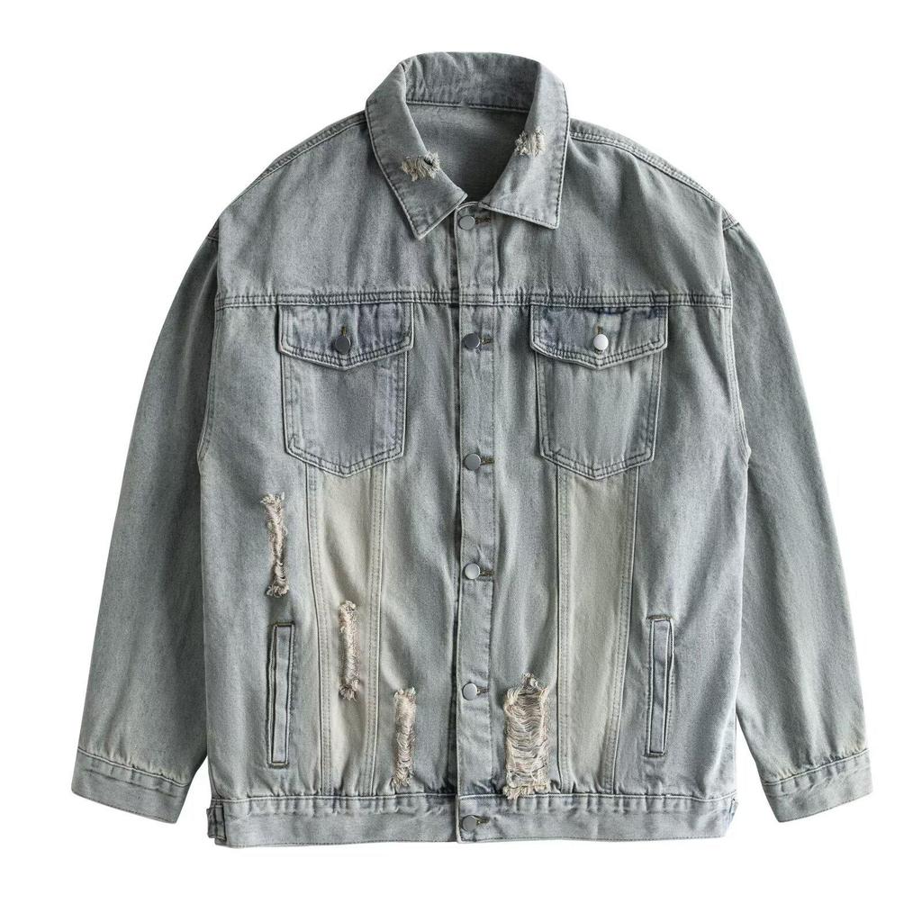Men's Multi-Pocket Ripped Denim Jacket - Spring/Autumn, Trendy American Retro Street Style