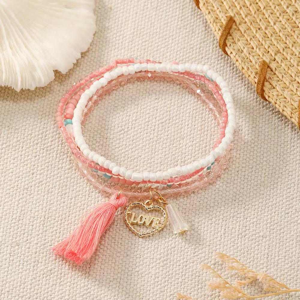 Bohemian Multi-layer Pink Tassel Love Bead Bracelet for Women