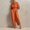 2026 Womens Solid Color Turn-Down Collar Button-Up Belted Jumpsuit Loose Fit Long Sleeve Casual Outfit