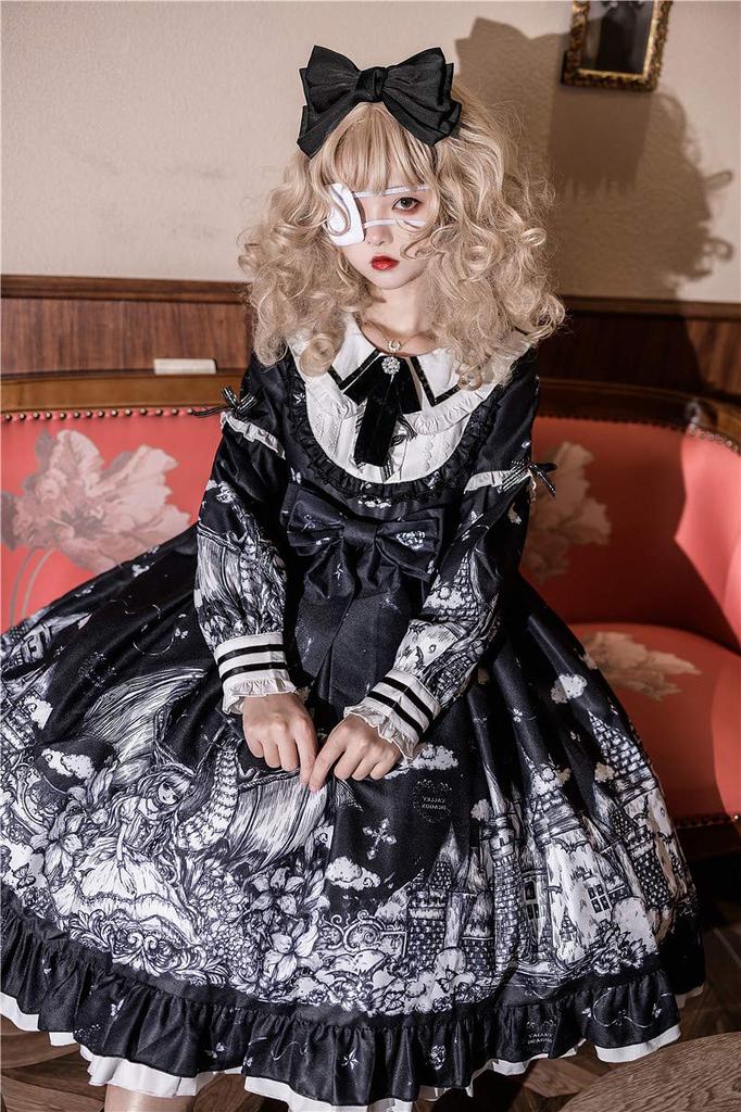 Gothic Lolita Long Sleeve Dress One Piece Skirt Knee Length Black Doll Castle Pattern [Lady Lazy] (L)