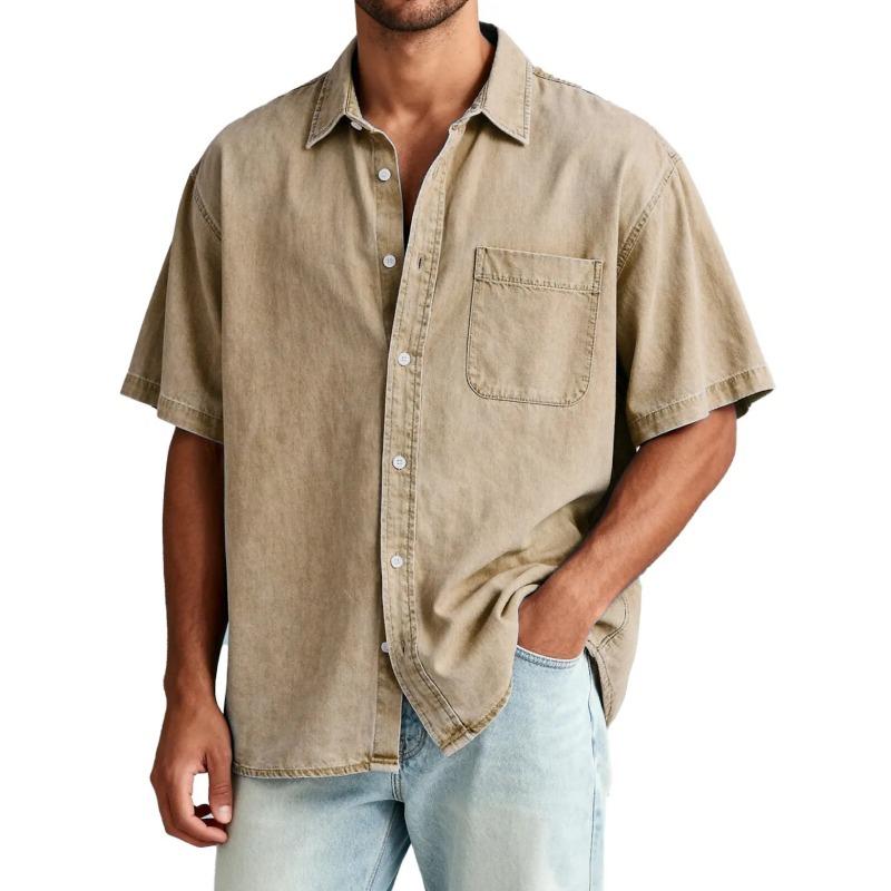 Mens Casual Solid Color Washed Short Sleeve Button Up Shirt S хаки