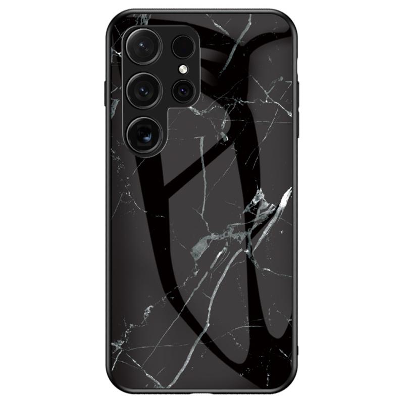 

For Samsung Galaxy S25 Ultra Case Marble Pattern Tempered Glass+PC+TPU Protective Phone Cover Black Marble