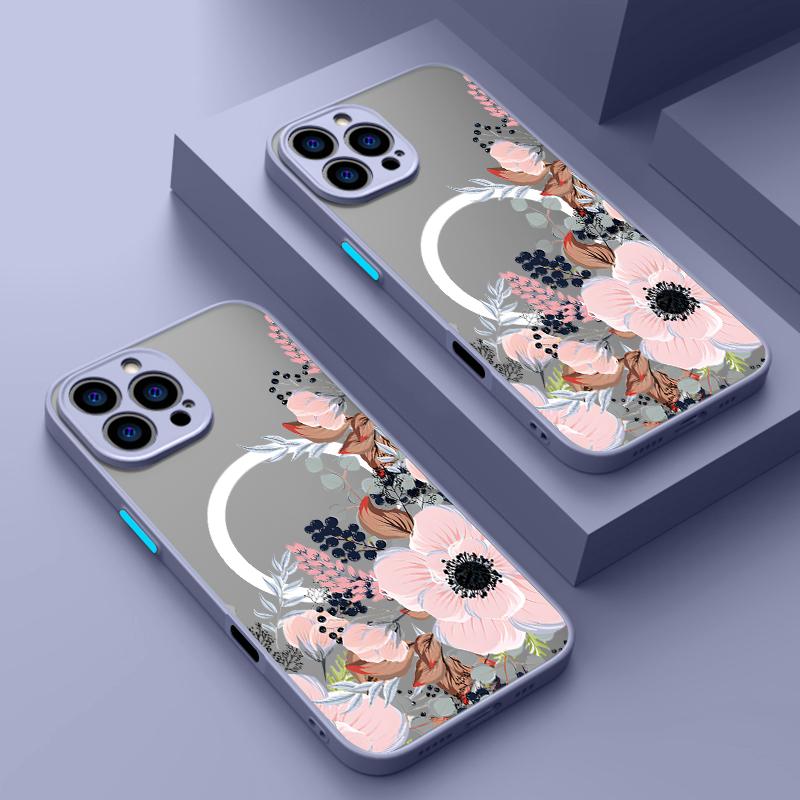Beautiful Floral Pattern for Magsafe Case For iPhone 16 Pro Max 15 14 Plus 13 12 Pro 11 8 7 Clear Matte Shockproof Soft Edge Slim Magnetic Phone Cover