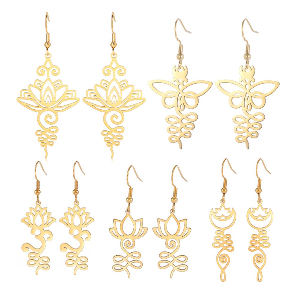 Dawapara Lotus Unalome Earrings Spiritual Shiva Yoga Symbol OM Aum Butterfly Pendant Stainless Steel Jewelry