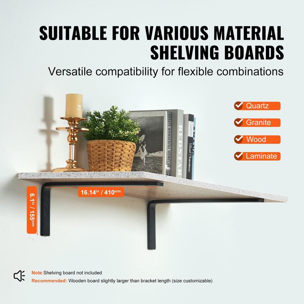 Shelf Bracket, 16 X 6 In 4 Pcs, Heavy Duty Floating Shelf Brackets, Brackets for Shelves, 10mm Thick Matte Black L Shelf Bracket,Steel Shelving