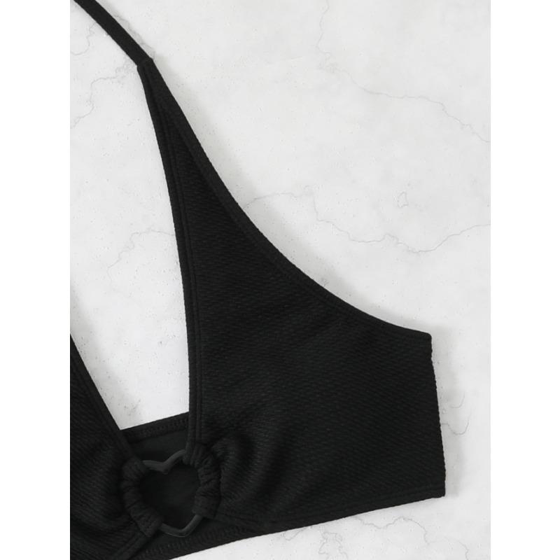 Černá bikiny s halter krkem a detaily kroužku ve tvaru srdce Dvoudílné plavky