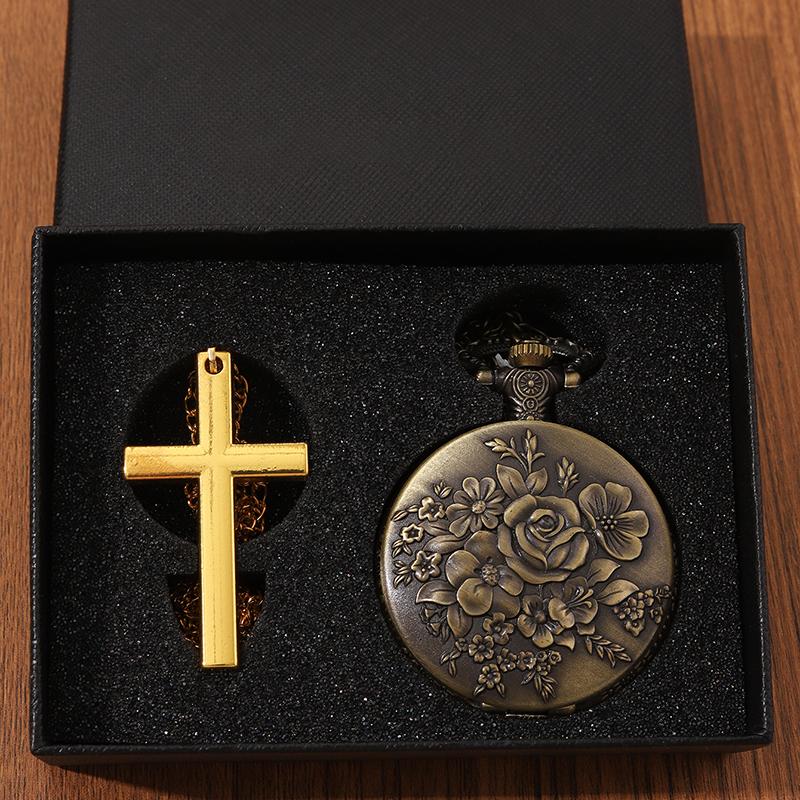 2pcs/set,1PC Fashion Men's ‘rose Pattern Design’quartz Pocket Watch & 1PC Mens Classic Golden Cross Necklace Pendant, Ideal Choice for Gifts