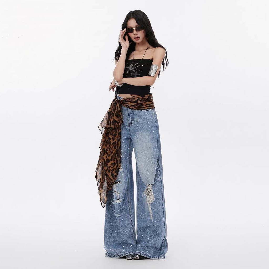 Platinum Sequin Ripped High Waist Plus Size Relaxed Straight Trendy Denim Pants Spring Summer Casual Pants Oversize Denim Trousers