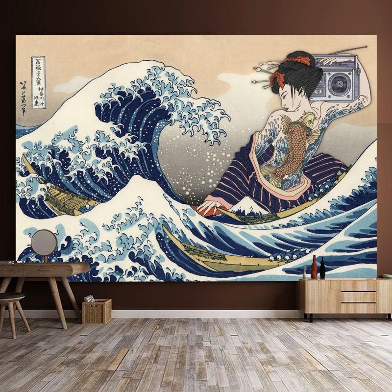 Japanese Tavern Sea Wave Tapestry Ghost Samurai Decorative Tapestry Room Decoration Home Decor Dorm Wall Hanging Backdrop Cloth