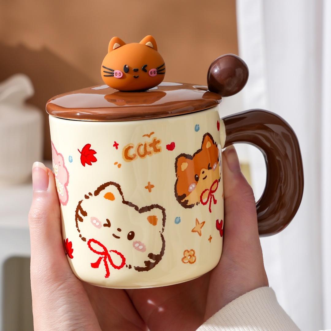 

Cute cartoon cute pet bread cat mug high value office water cup with lid household milk breakfast cup 301-400ml