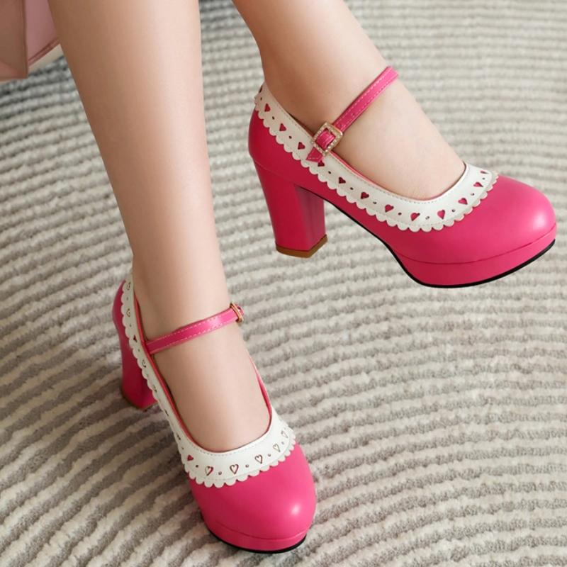 Fashion Elegant High Heels Pumps Lolitas Mary Janes Shoes Blue Pink Black Women's Heeled Party Office Wedding Shoes Large Size 45