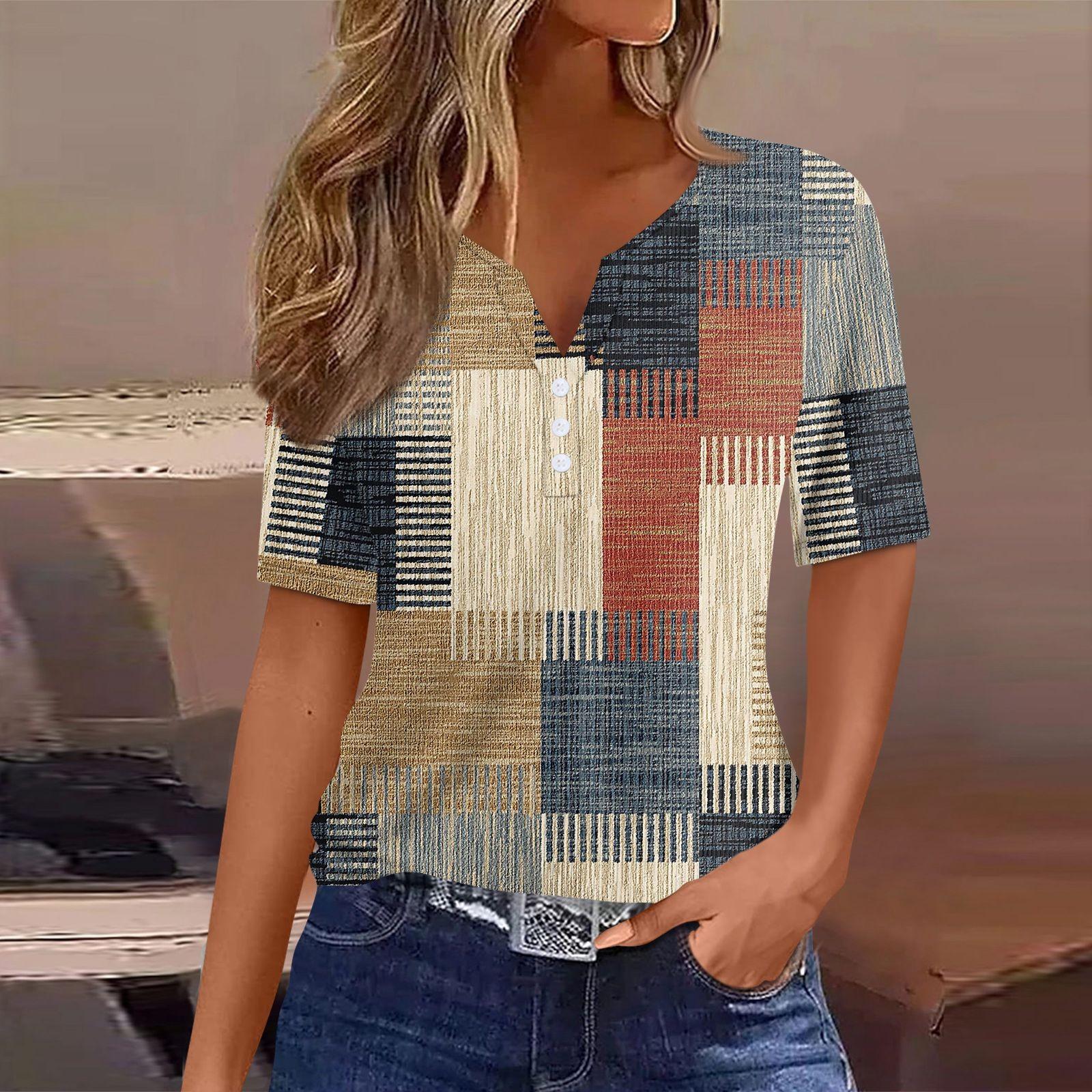 

Женская футболка с принтом на пуговицах, короткий рукав, туника, повседневная, выходного дня, модная, базовая, с V-образным вырезом, стандартный топ XL хаки