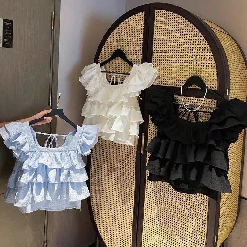 Girls' Summer Clothing New Style Solid Color Ruffled Sleeve Square-Neck Shirt Fashionable Vest For Older Children