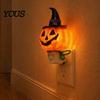 Soft Glow Night Light Halloween Pumpkin Ghost with Witch Hat, Resin Bedroom Plug-in LED Light, Spooky Wall Sconce for Party Home