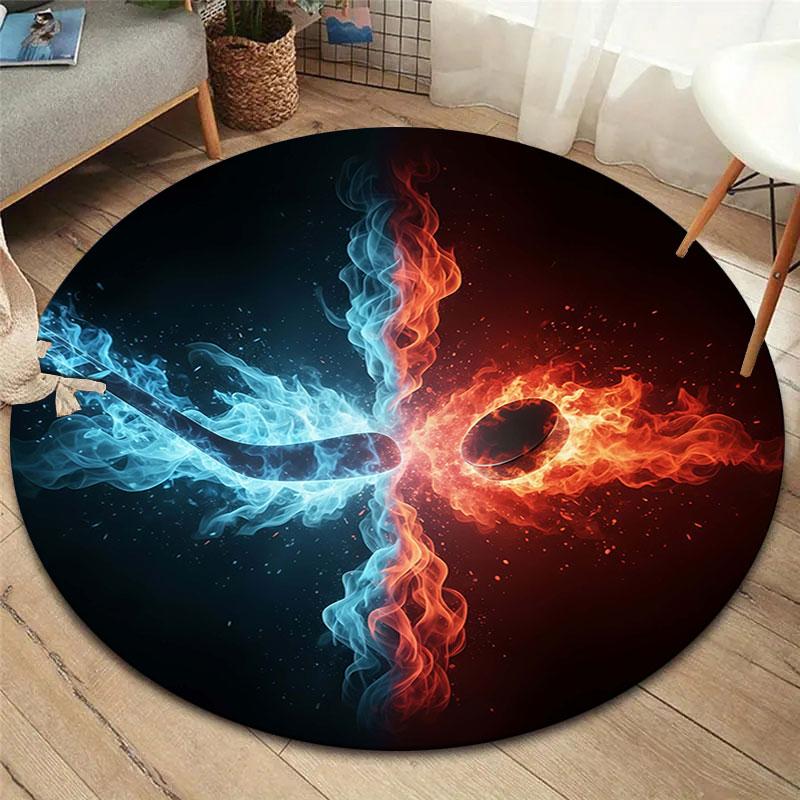 Ice Fire Sports Round Area Rug,Carpet Rug for Living Room Bedroom Sofa Playroom Decor,Non slip Floor Mat