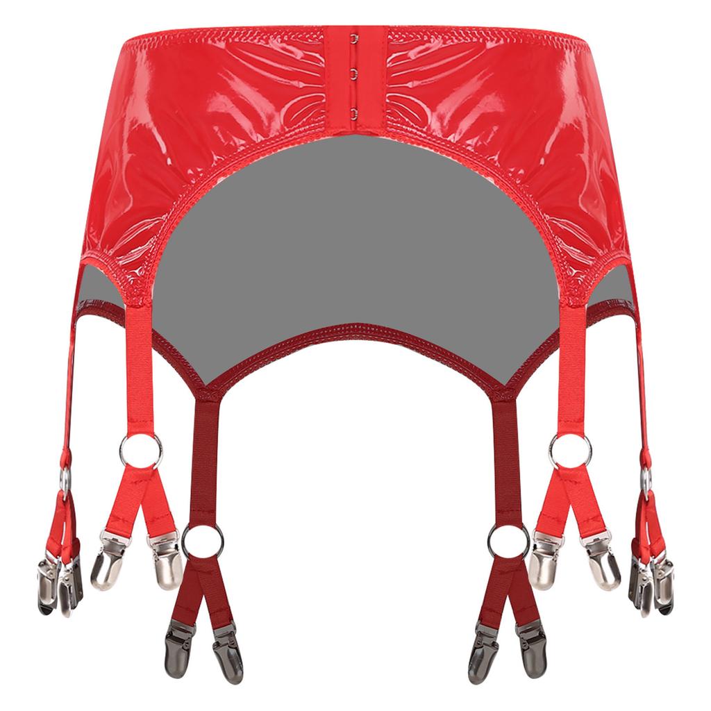 Womens Glossy PU Garter Belt Showing Butt Suspender Straps Metal Clips Extra Miniskirt Waist Belt