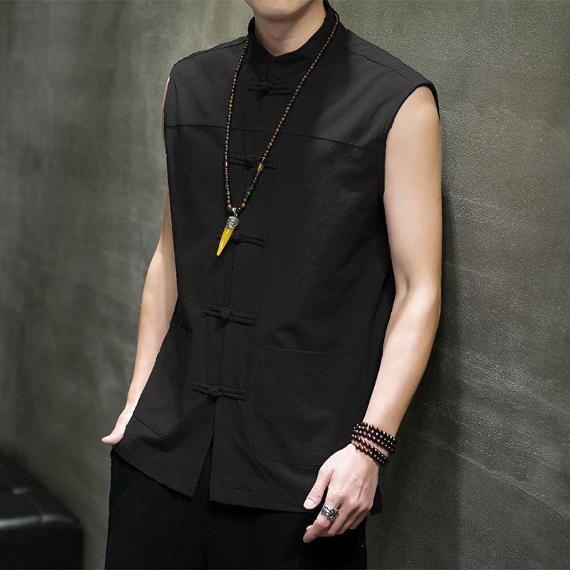 Men s Traditional Chinese Style Sleeveless Vest Linen Blend Frog Button Stand Collar Casual Pockets M