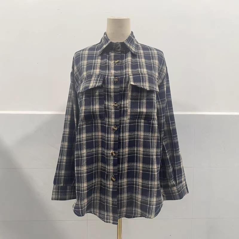 2025 Women's Cross-Border European and American Loose Plaid Pocket Shirt - Autumn/Winter Casual Fashion.