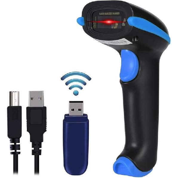 WoneNice Barcode Scanner Wireless 2-in-1 (2.4Ghz Wireless+USB 2.0 Wired) Handheld Bar Code Scanner Reader (Blue)
