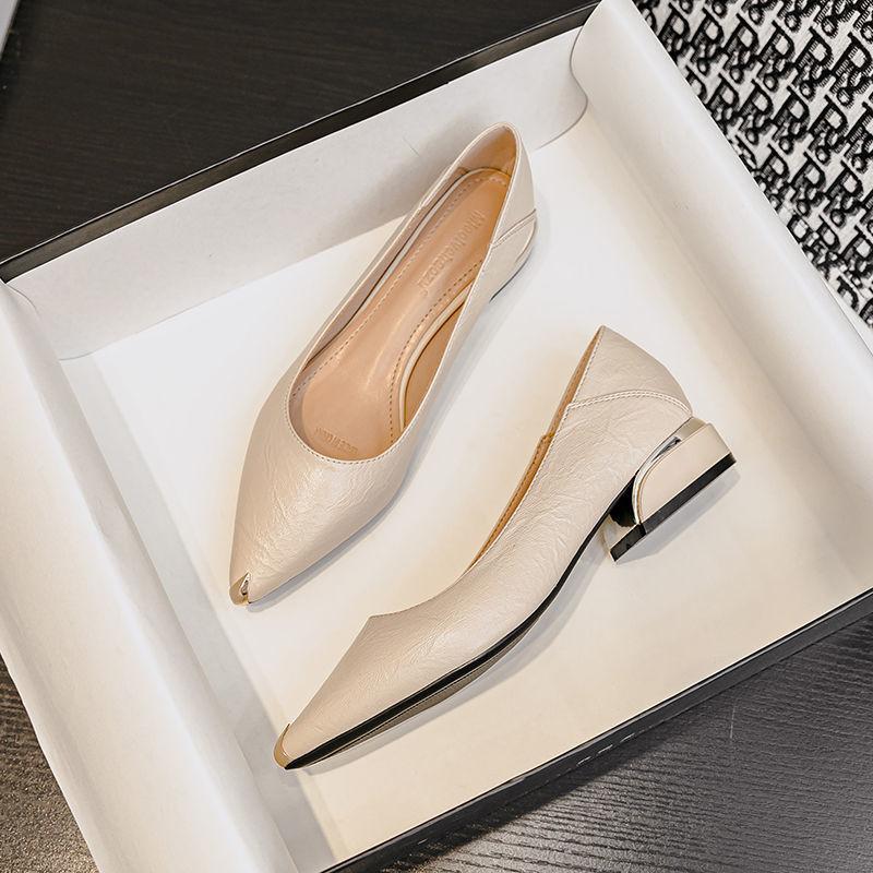 Pointed Single Shoes Women's 2025 Tooling Work Leather Shoes Thick Heel Not Tired Feet Women's Shoes Soft Sole Professional Work Shoes Women's Black