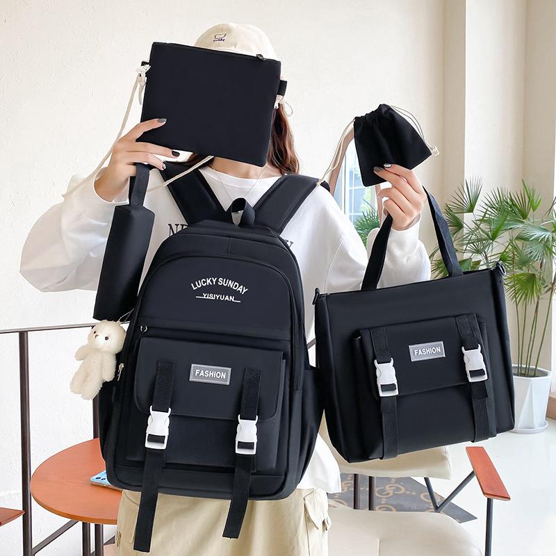 Simple Schoolbag Women's Lightweight Large-capacity Backpack, Primary School Junior High School Portable Make-up Backpack Five-piece Set