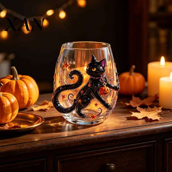 Festive Beverage Cups Halloween Glass Tumbler, Embossed Pumpkin Ghost Cat Bat Drinking Glass, Kitchen Counter Decor Spooky Stemless Cups, Seasonal