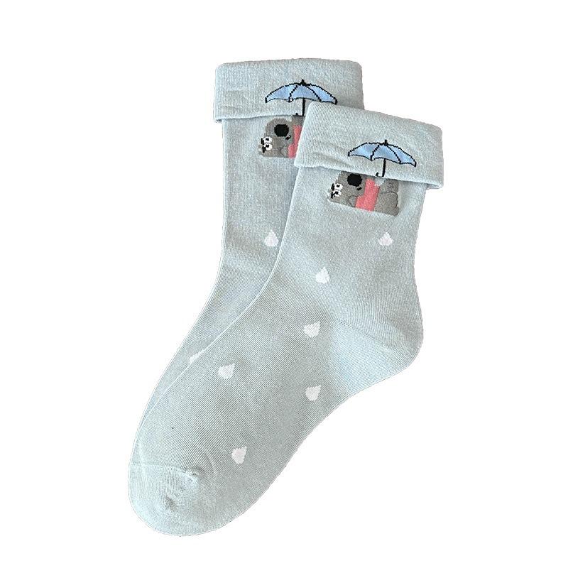 Autumn Cute Cartoon Pattern Socks, Flanged Mid-calf Socks, School-style Versatile Cotton Socks