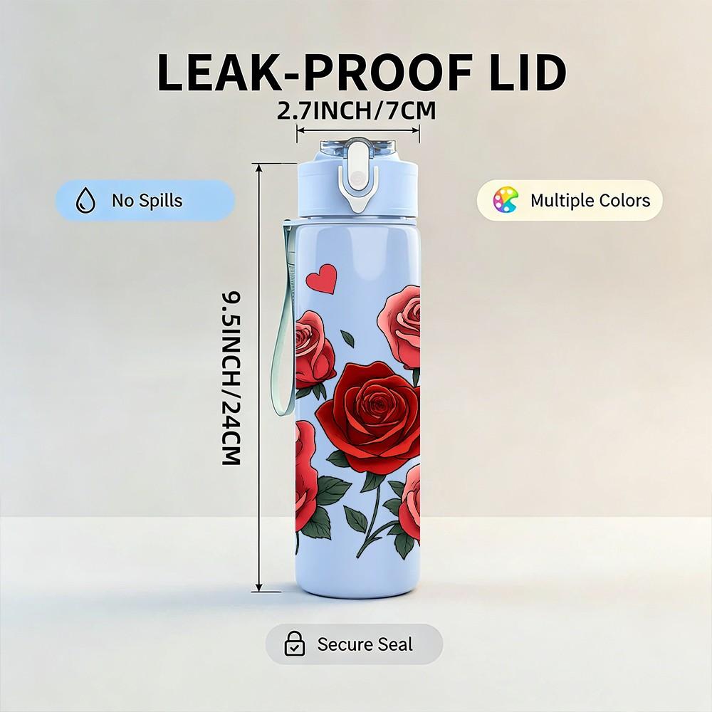 1PC Deep Red Rose Flower Bouquet Pattern 750ml Color Plastic Sports Water Bottle Leakproof Flip Straw Lid Suitable for Sports Office Home Use