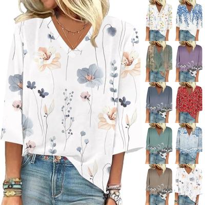 Women's Shirt Blouse Casual Loose Shirts  3/4 Sleeve  Print  V Neck Tops Print  Tops T-shirts Tee