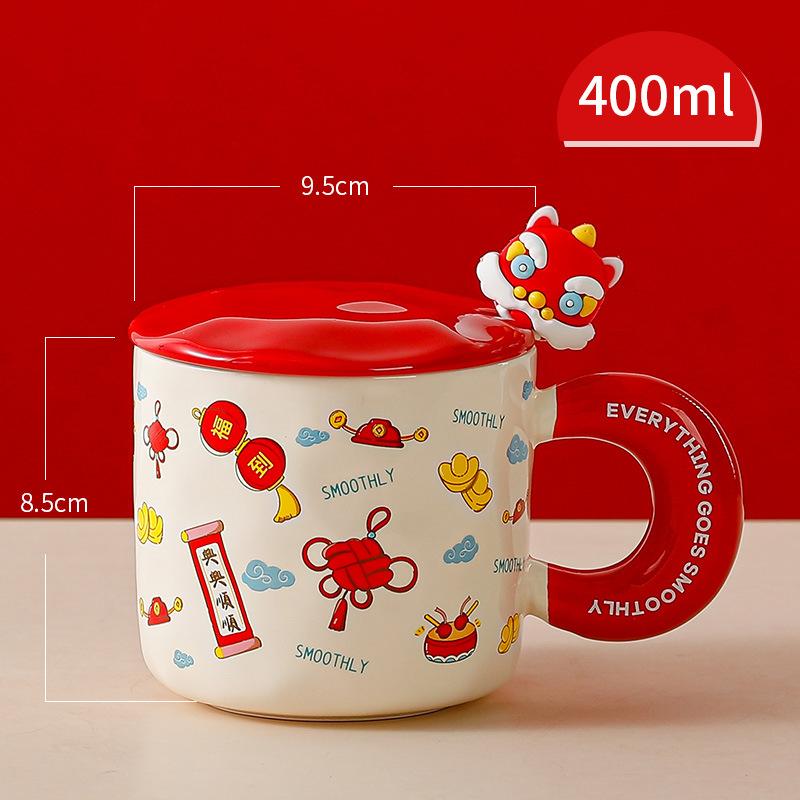 Spring Festival Gift Mug with Lid Spoon Cute Ceramic Water Cup Girl High Looking Cartoon Office Couple Cup